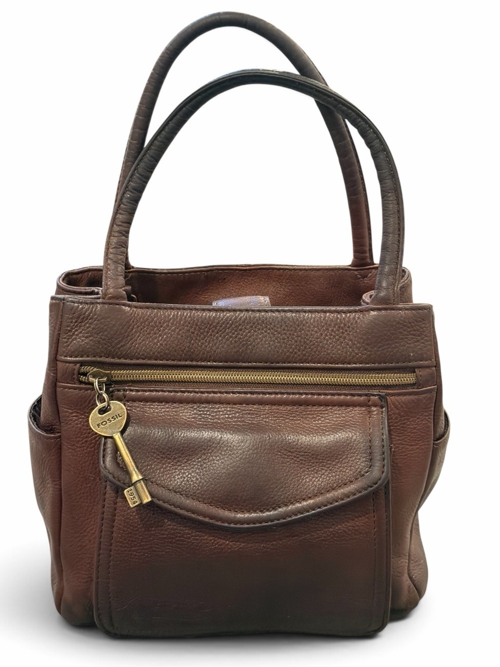 Fossil Brown Leather Tote Bag with Key Charm